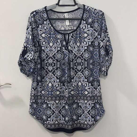 PerSeption Womens Blue Floral Print Tunic Top Blouse Size Medium Roll Tab Sleeve - Picture 3 of 10